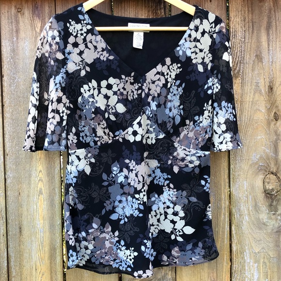 100% Polyester Black Blouse with Flower Patterns - Picture 2 of 8